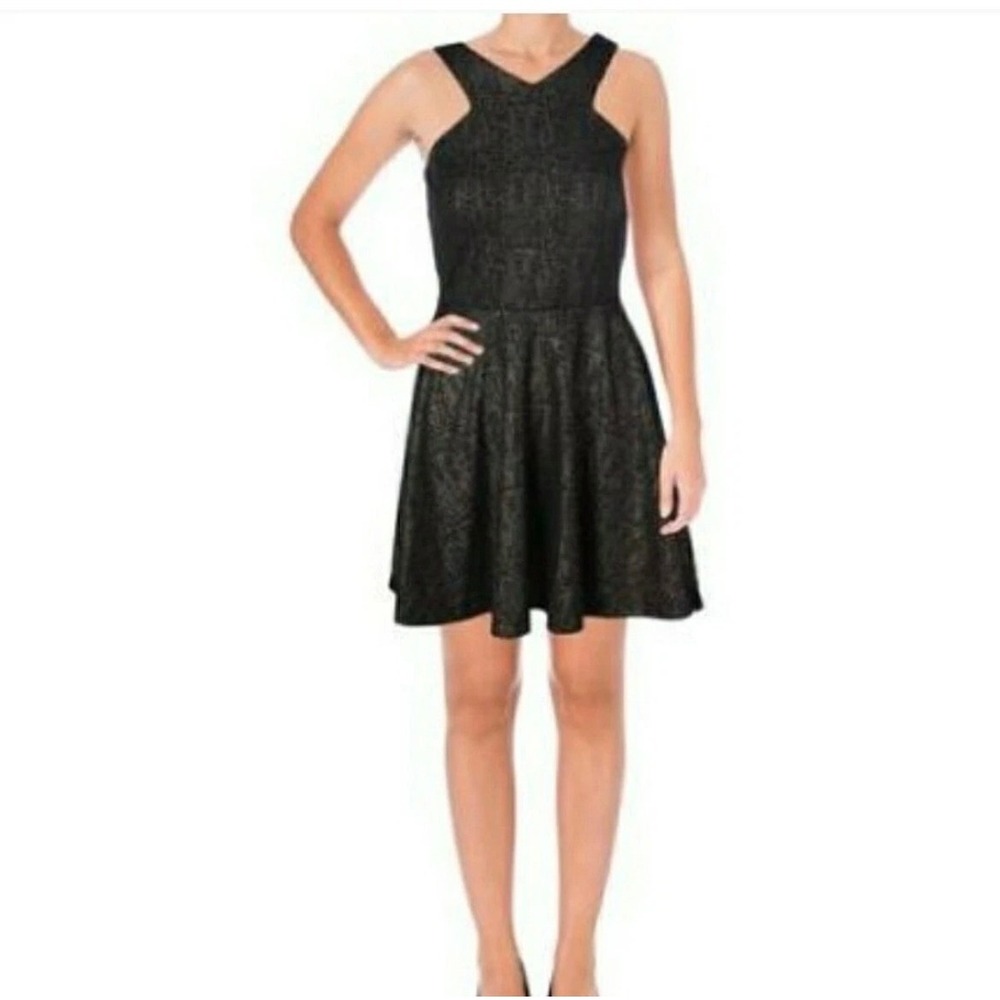 AQUA Womens Black Gold Metallic Textured Fit and Flare Skater Dress Small WO5707